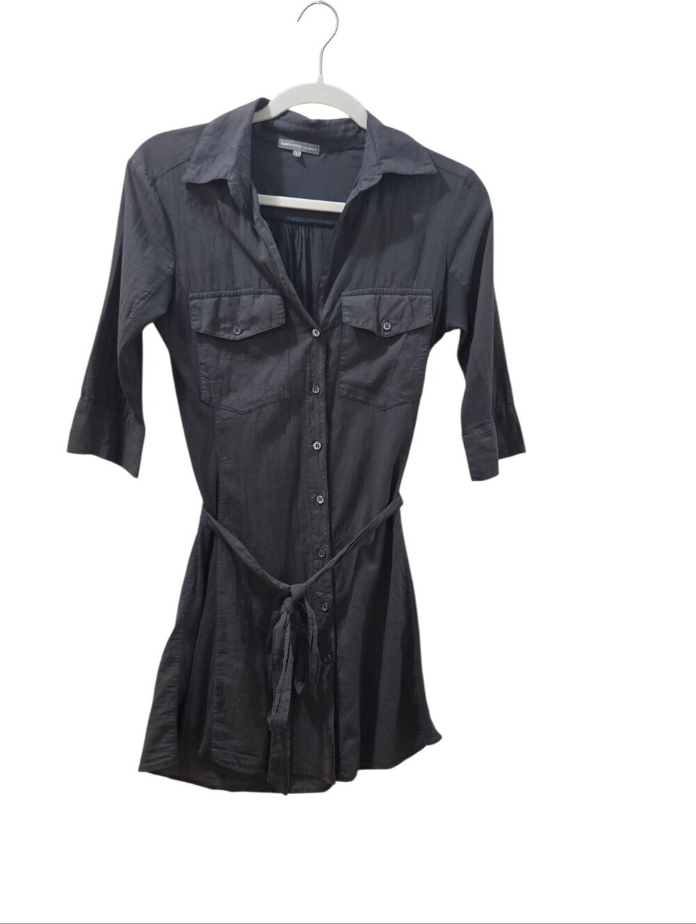 James Perse 1 S Black Cotton Belted Shirt Dress Rib Knit Panels 3/4 Sleeve